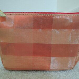 Makeup Bag Red and Gold Satin Subtle Plaid Cosmetic Clutch Purse - Lancome NWOT